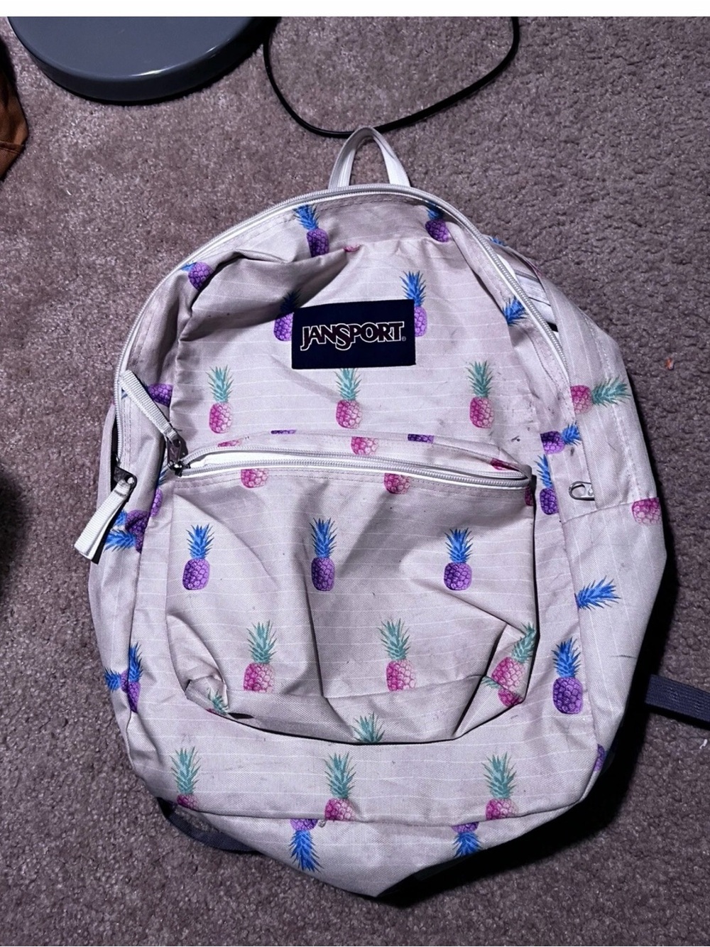 Jansport Cream Backpack with Purple and Blue Pineapple Print